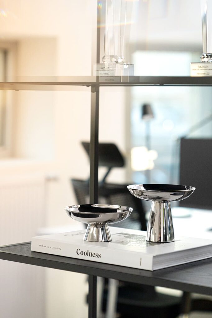 Heller Office Space mit Regal und Designobjekten in einer Agentur für digitales Marketing in Stuttgart